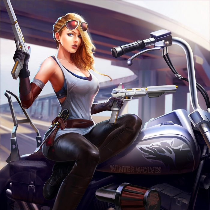 Woman with guns on a futuristic motorcycle