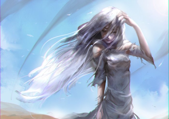 Fantasy art of a woman with white hair