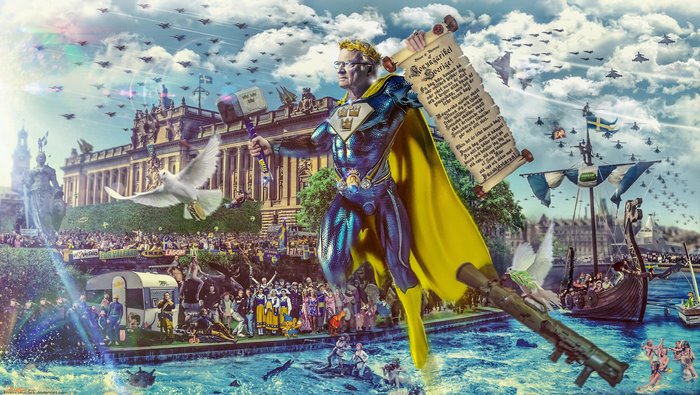 Superhero with Swedish symbols and military aircraft