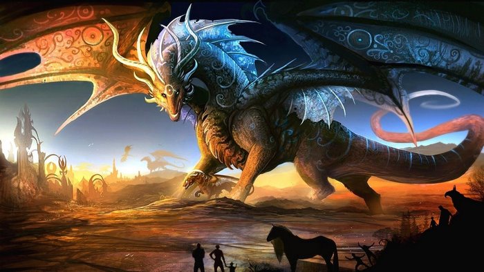 Fantasy art of a dragon and mythical creatures