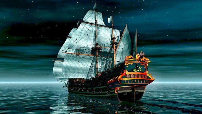Sailing ship on the sea at night