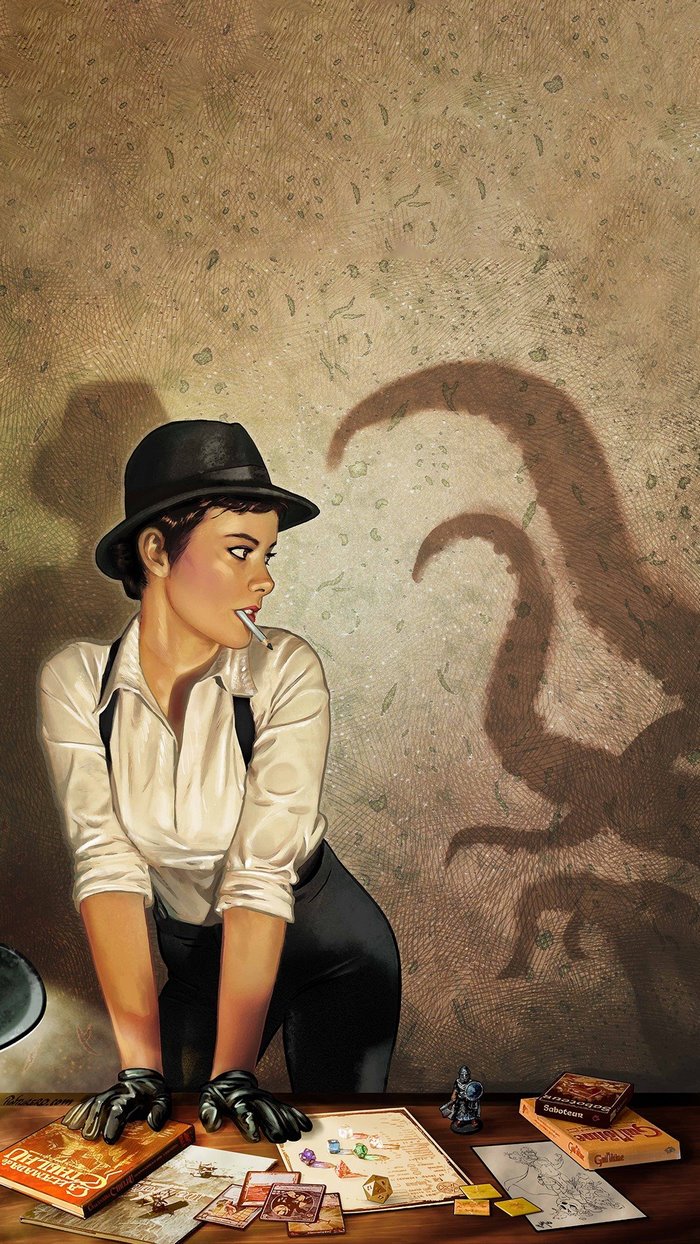 Woman in fedora and suspenders with Cthulhu shadow