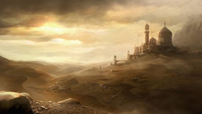 Desert city with ancient architecture at sunrise