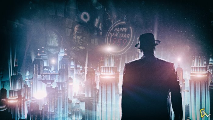 Man in fedora overlooking Rapture cityscape