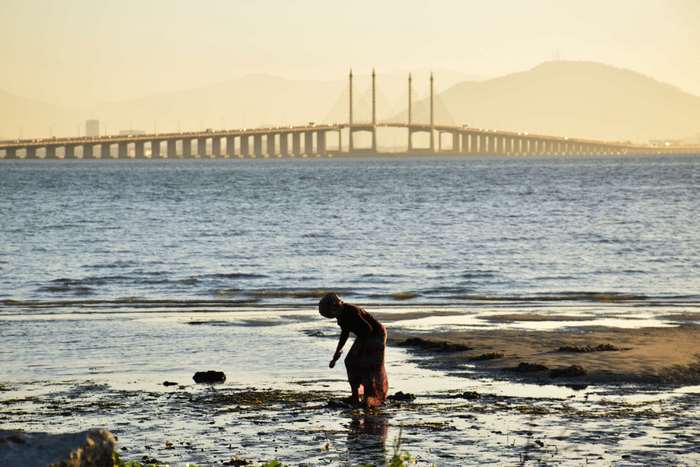 Person on beach with Penang Bridge at sunrise