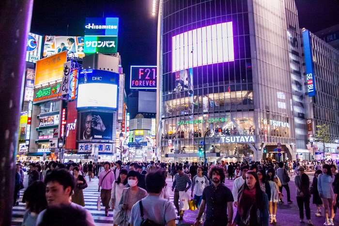 Shibuya Crossing at Night with Crowds and Billboards