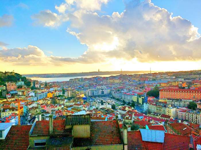 Lisbon cityscape with river and clouds