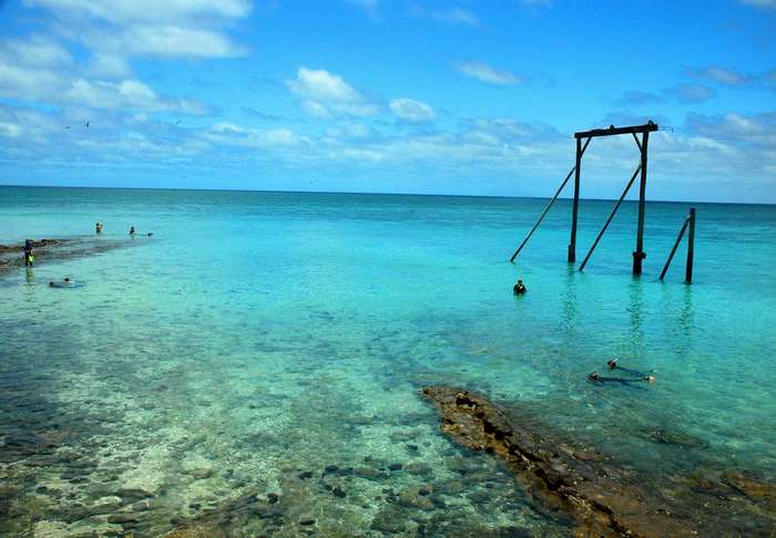 People snorkeling in clear blue ocean near wooden structure