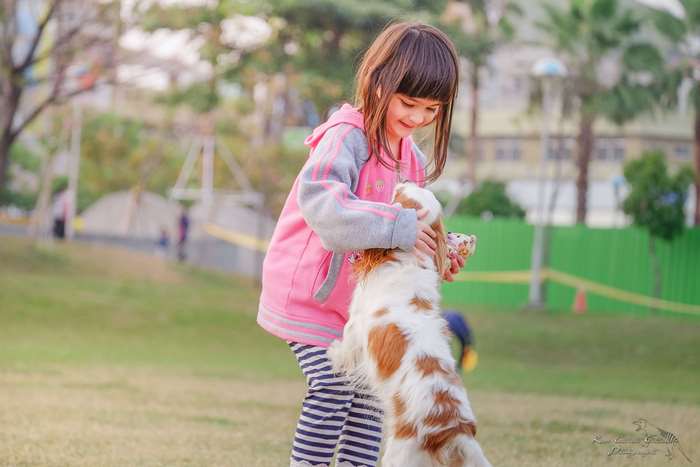 Girl hugging a dog in a park