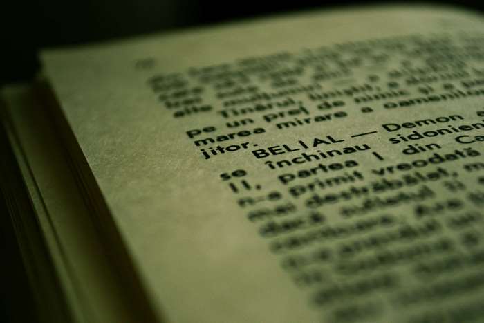 Book page with text about Belial