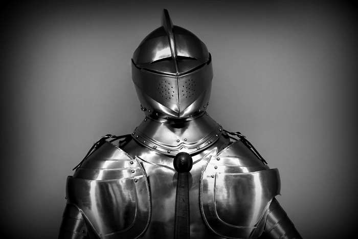 Close up of a vintage knight's armor and helmet