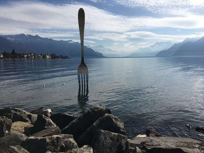 Giant fork sculpture in Lake Geneva, Switzerland