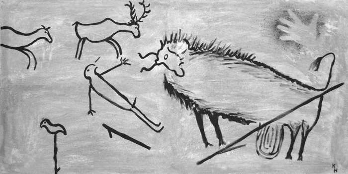 Cave painting of animals and humans