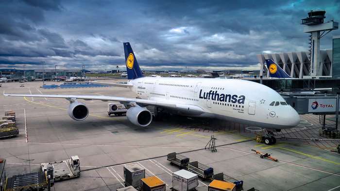Lufthansa Airbus A380 at Airport Under Cloudy Sky