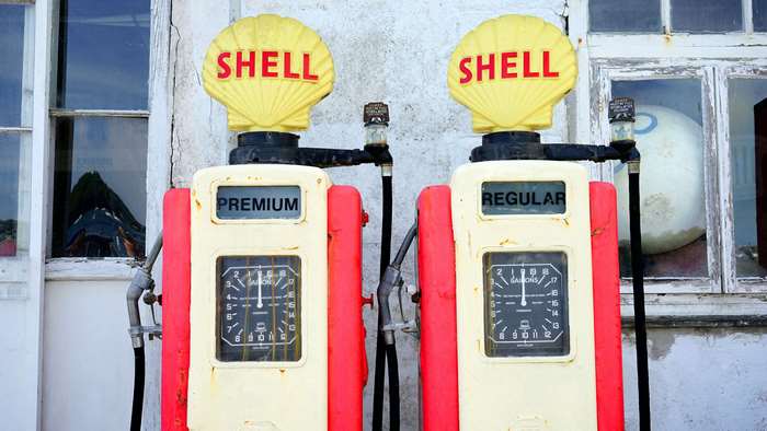 Shell retro petrol pumps with Shell branding