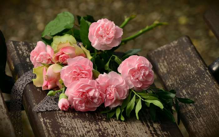 Pink roses and carnations on a wooden bench
