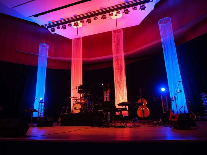 Concert stage with musical instruments and lighting