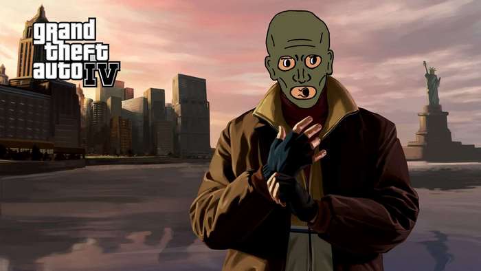 Grand Theft Auto IV character with New York City skyline