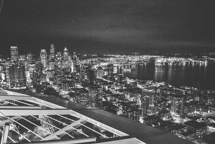 Black and white cityscape of Seattle at night