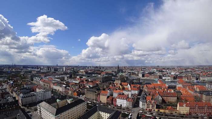 Aerial view of Copenhagen, Denmark cityscape with clouds