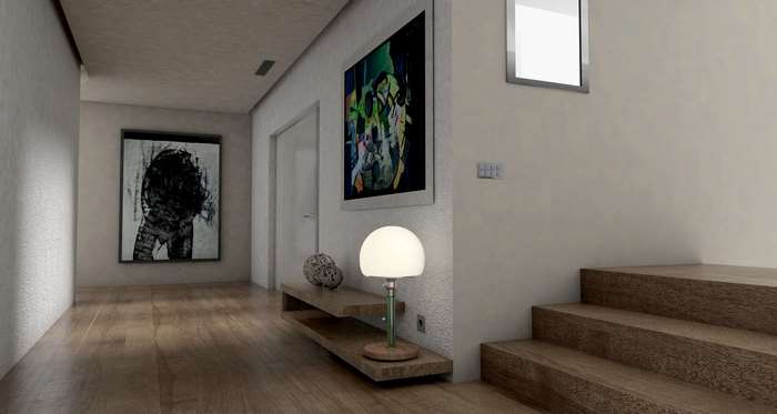 Modern hallway with abstract art and wooden stairs