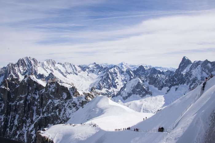 Snowy mountain range with people on a ridge