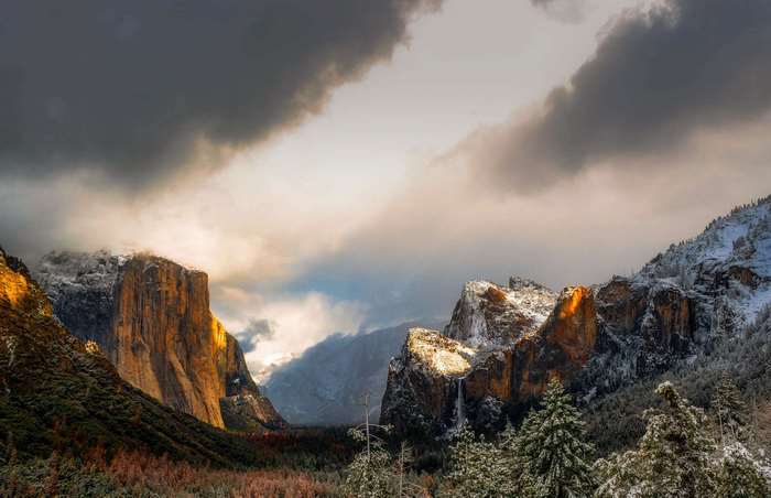 Yosemite Valley with El Capitan and snow-covered mountains