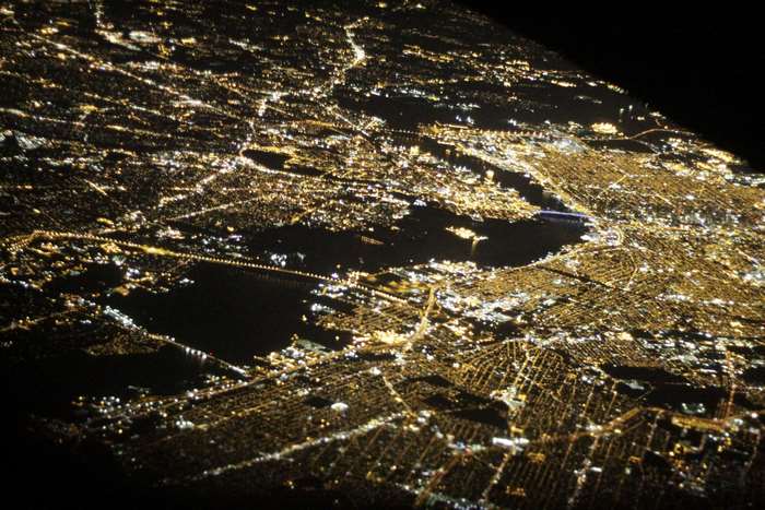 Aerial view of New York City at night