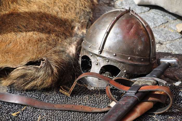 Medieval Viking Helmet and Sword with Fur