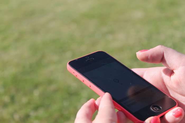 Hands holding a pink iPhone with a green background