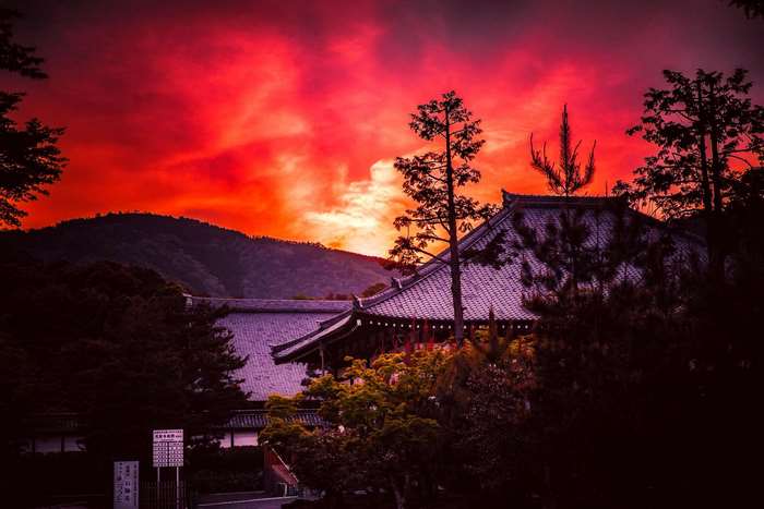 Temple in Kyoto during a dramatic sunset
