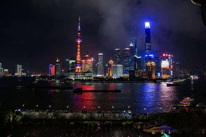 Shanghai skyline with Oriental Pearl Tower at night 4K
