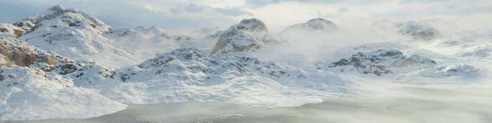 Snowy mountain landscape with frozen lake