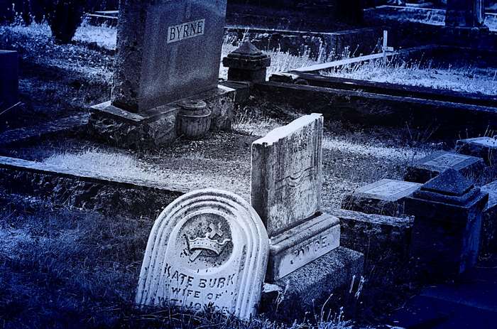 Old cemetery with tombstones, including Byrne and Kate Burk