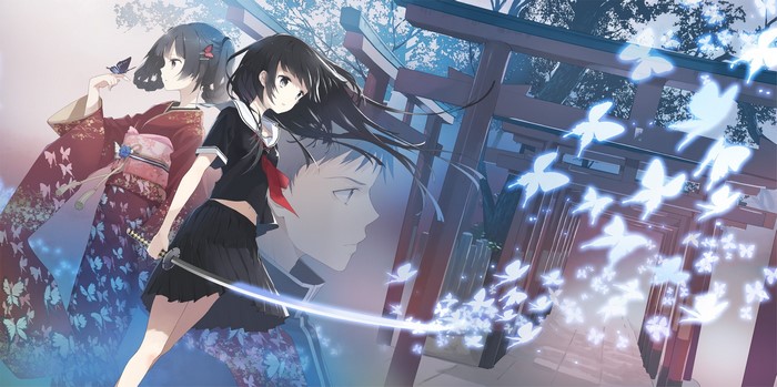 Anime girls with katana and butterflies at a temple