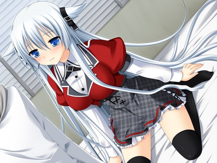 Anime Girl with White Hair on Bed