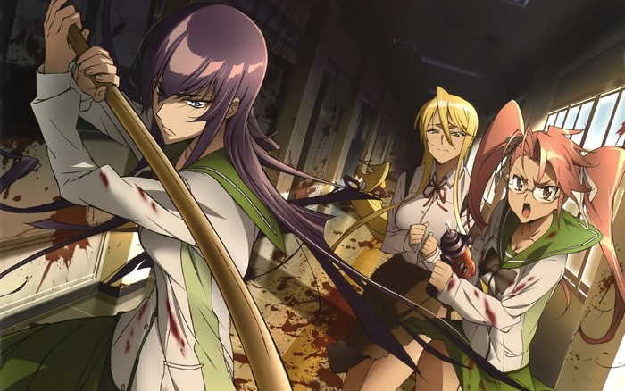 Highschool of the Dead: Saeko, Rei, and Saya in a bloody hallway