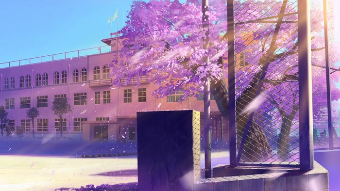 Anime school building with blooming purple trees