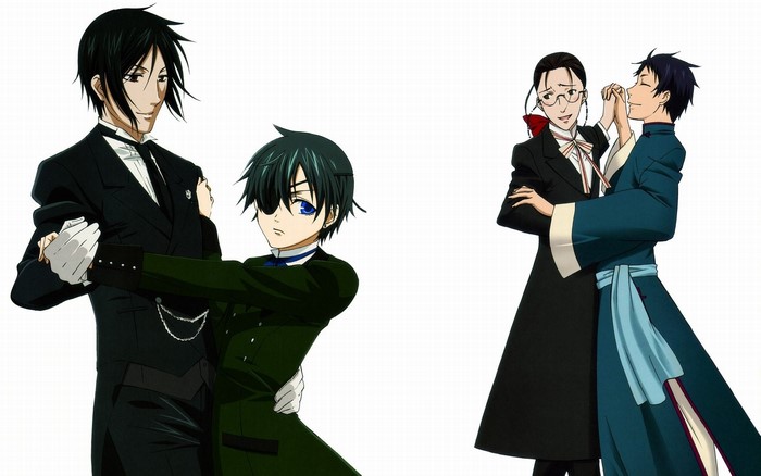 Sebastian Michaelis, Ciel Phantomhive, Grell Sutcliff, and Lau dancing