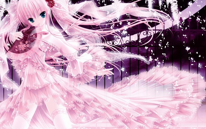 Anime girl with pink hair holding a fan