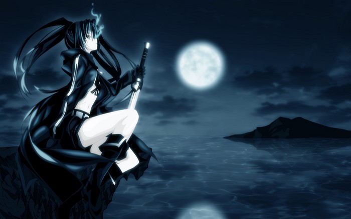 Black Rock Shooter girl with sword by the moonlit sea