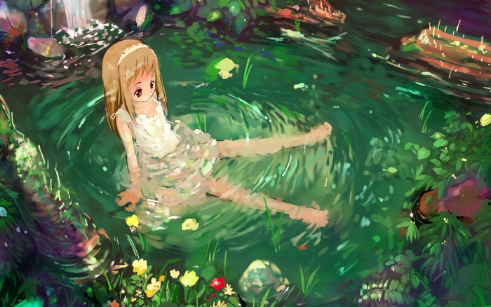 Anime girl sitting in a stream with flowers