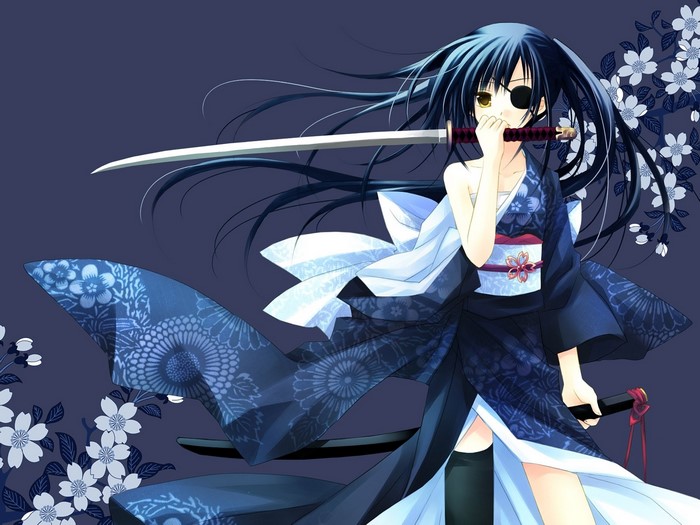 Girl in Kimono with Sword and Flowers