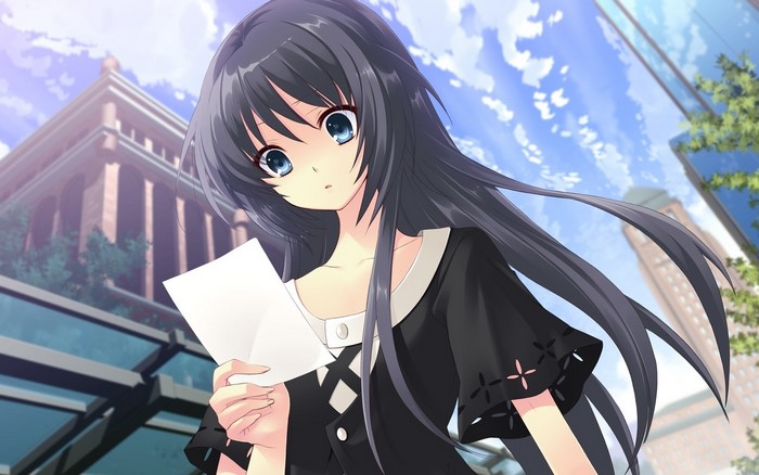 Anime girl holding a note outdoors