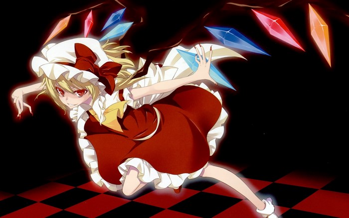 Anime girl with blonde hair and red dress flying with crystals