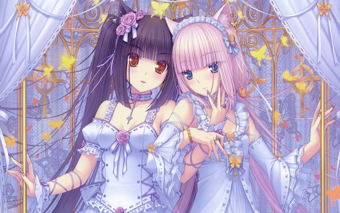 Two anime girls in Lolita dresses with cat ears