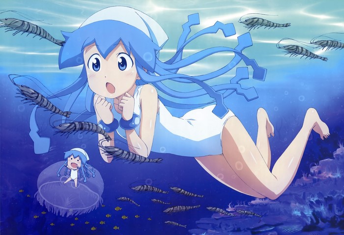 Ika Musume and a small Ika Musume with shrimp