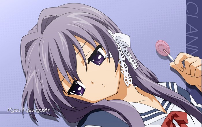 Kyou Fujibayashi from Clannad holding a lollipop
