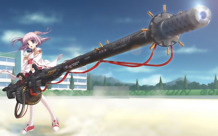 Girl with large weapon in front of building