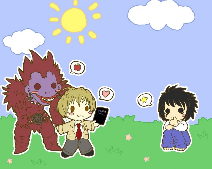 Chibi Ryuk, Light Yagami, and L from Death Note